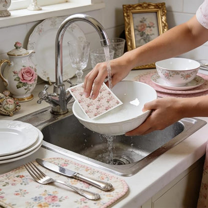 Reusable Swedish Dishcloths for Kitchen, 6 Pcs Vintage Floral Swedish Dish Cloths, Absorbent Pink Flower Sponge Cleaning Towels Wipes for Kitchen Cooking Home Decoration Housewarming Gifts