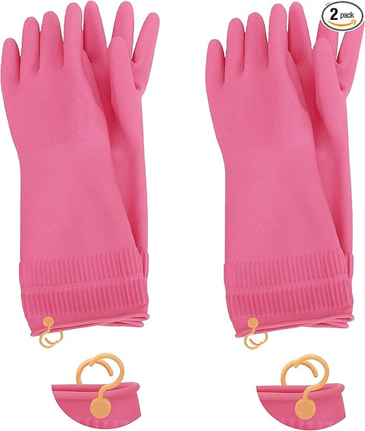 Myungjin 2 Pairs Reusable Waterproof Non-Slip Honeycomb Grip Latex Rubber Gloves with Hang-Dry Hooks/Hanging Loops for Dishwashing Household Cleaning Cooking (Medium)