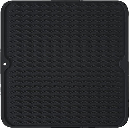 Silicone Dish Drying Mat, Non-Slip Easy Clean Sink Mat Large Heat-resistant Dish Drainer Mat for Kitchen Counter, Sink, Refrigerator or Drawer liner (12" x 12", BLACK)