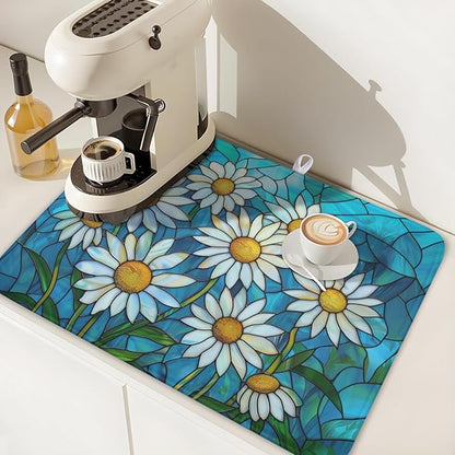 Daisy Drying Mat 24x18 Inch, Summer Spring Drying Mat with Absorbent Reversible Microfiber, Rustic Flowers Dish Drainer Mats Floral Rack Pad for Coffee Countertop Kitchen Protector