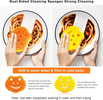 SmilePowo 5 Pack Cute Frog Scrub Sponge, Dual-Sided Temperature Controlled Kitchen Sponge for Dishes,Furniture,Bulk Sponges Household Cleaning Pads,Multi-Functional Premium Cleaning Sponges