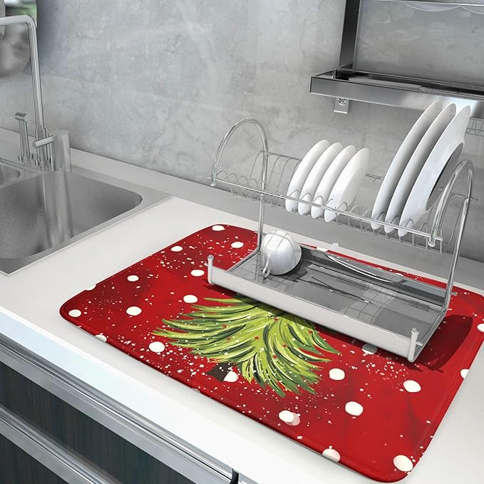 Christmas Tree Dish Drying Mat 18 x 24 Inch With Absorbent Reversible Microfiber Red Green Xmas Snowflake Drying Mats Winter Holiday Dish Drainer Mat Fast Dry For Kitchen Dining Room Decoration