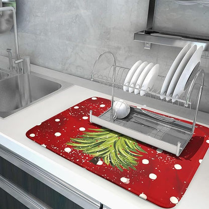 Christmas Tree Dish Drying Mat 18 x 24 Inch With Absorbent Reversible Microfiber Red Green Xmas Snowflake Drying Mats Winter Holiday Dish Drainer Mat Fast Dry For Kitchen Dining Room Decoration