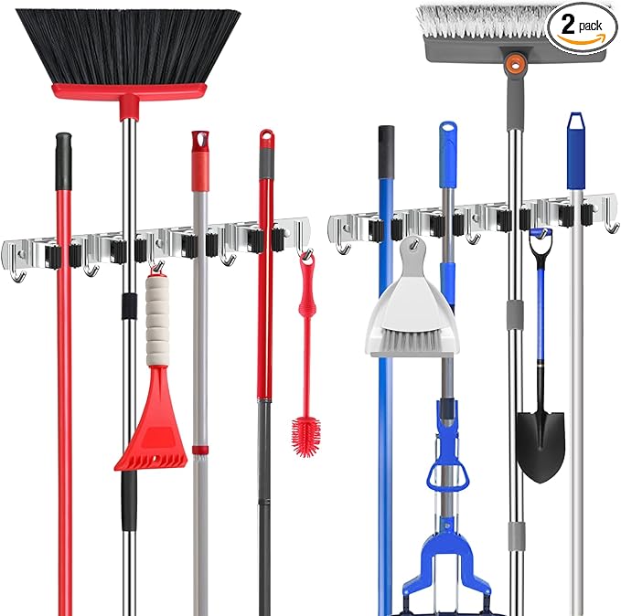 nacena 2 Pack Broom Holder Wall Mount Mop Hanger, Stainless Steel 4 Racks 5 Hooks Self Adhesive Heavy Duty Tool Organizer for Garage Kitchen Garden Laundry Room Home (Silver
