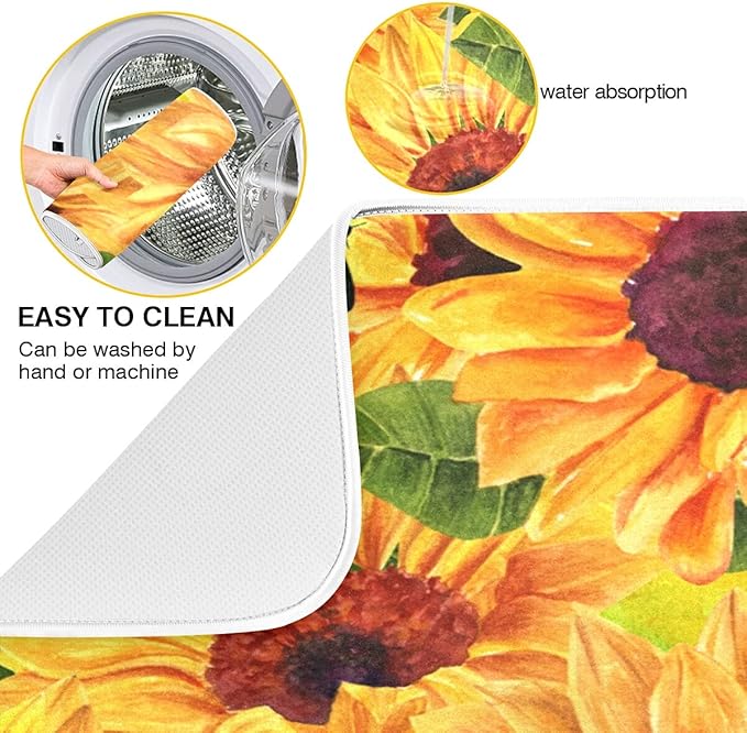 Super Absorbent Dish Drying Mat, Microfiber Fast-Drying Dish Mat, 16" x 18", Kitchen Dish Drying Pad, Sunflowers And Green Blue Butterflies