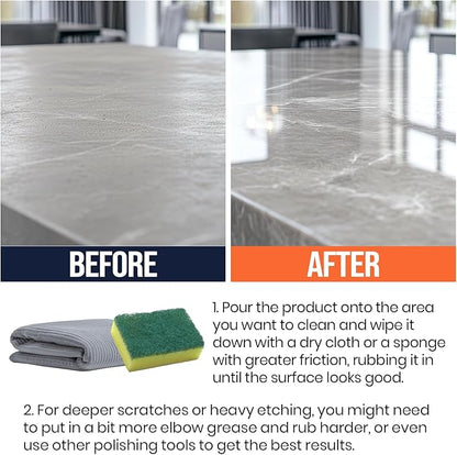 Calvana Professional Marble Etch Remover 8.8 fl. oz, Effective on Limestone, Travertine, Alabaster & Onyx, Removes Stains, Dull Spots, Water Rings & Light Scratches, Dust-Free Polishing