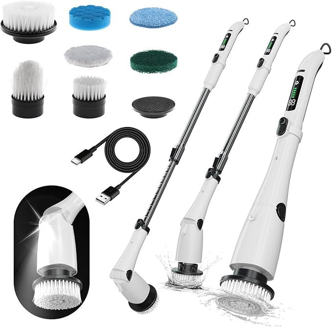 Electric Power Spin Scrubber - Cordless Cleaning Brush with 7 Replaceable Brush Heads - 3 Speed with Flashlight - Adjustable and Extendable for Cleaning Tile Grout Bathtub Window Kitchen Floor