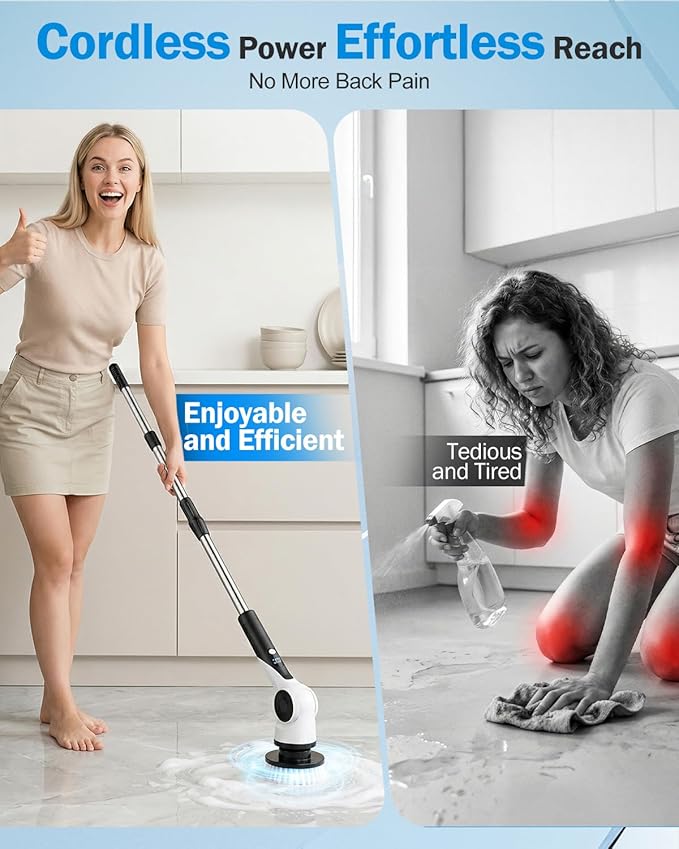 Electric Spin Scrubber, 3-Speed Shower Scrubber with Long Handle & 10 Replaceable Brush Heads, Cordless Shower Cleaner Brush with 90 Mins Runtime & Full-Body IPX7 Waterproof for Bathroom Kitchen