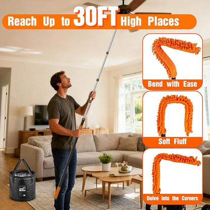 SISUPASSIE 30FT Reach High Ceiling Duster Kit, Window Cleaning kit with 5-24FT Extension Pole, Fan Duster for Ceiling Fan Blades, Microfiber Feather Duster, Window Squeegee
