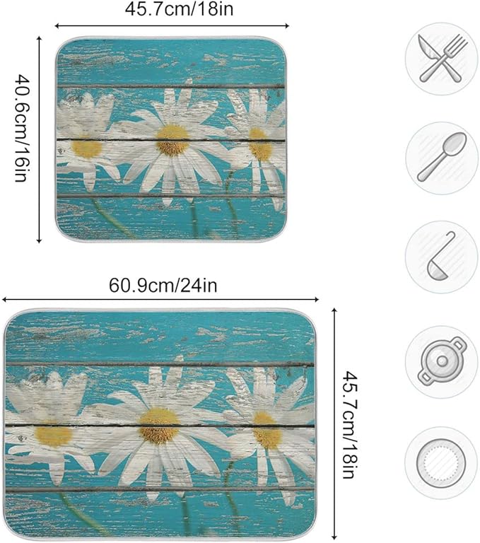Daisy On Old Wooden Board Dish Drying Mat for Kitchen Counter Turquoise Wood Drying Mat 18 x 24 Inch with High Absorbent Reversible Microfiber Dish Drying Pad Drainer Mat for Coffee Bar