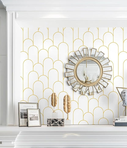 Yasinet White and Gold Peel and Stick Wallpaper White Geometric Contact Paper Stripe Removable Paper Self Adhesive Wallpaper Decorative for Wall Bedroom Vinyl Film 17.3''x197''