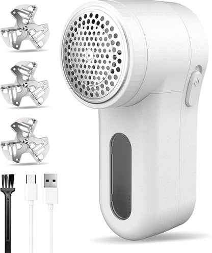 Fabric Shaver, Lint Remover Rechargeable, Electric Portable Sweater Defuzzer Digital LED Display to Remove Pilling for Clothes, Furniture, Sweater, (White with Three Shaver Blades)