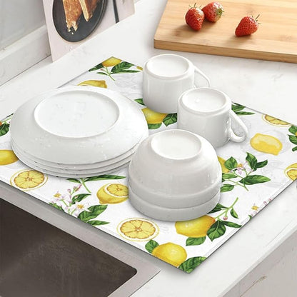 Lemon And Leaves Dish Drying Mat, Highly Absorbent Microfiber Kitchen Counter Pad Reusable Washable, 16*18"