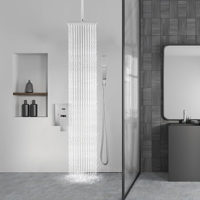 Aolemi Ceiling Mount Shower System Rain Shower Head with Handheld Spray High Pressure Shower Faucet Set Rough-in Valve Shower Trim Kit Included Bathroom Polish Chrome 8 Inch Ceiling Shower Head