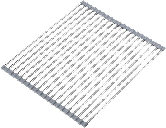 Hhyn Roll Up Dish Drying Rack Over The Sink 17.7"(L) x 15.6"(W), Multipurpose Foldable Stainless Steel Kitchen Rollable Drainer Rack, Gray