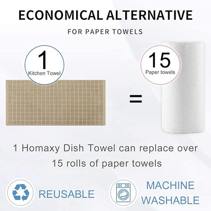 Homaxy 100% Cotton Terry Kitchen Towels(Tan, 13 x 28 inches), Checkered Designed, Soft and Super Absorbent Dish Towels, 6 Pack