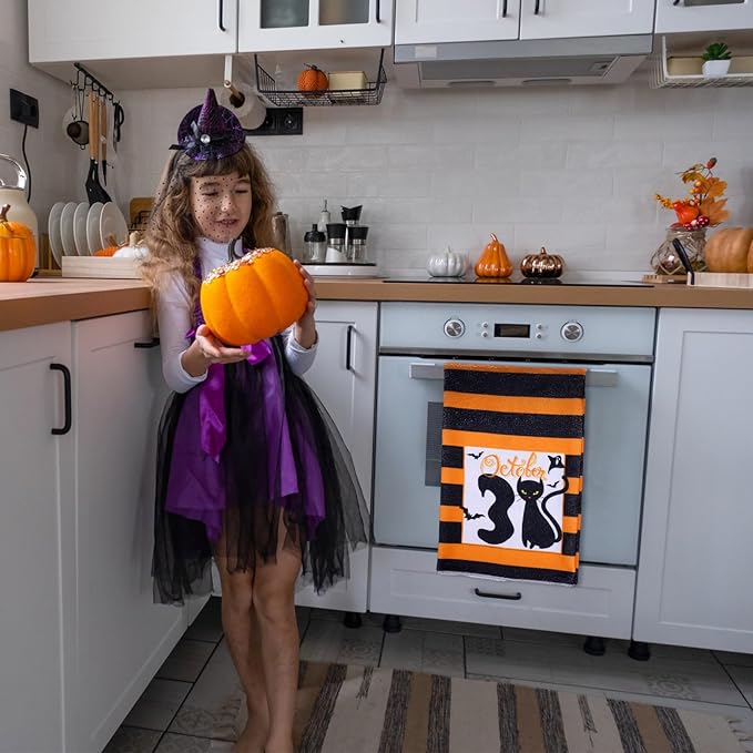 6 Pcs Halloween Kitchen Towels Buffalo Plaid Pumpkin Dish Towels 18 x 28 Inches Happy Halloween Boo Ghost Tea Towels Black Cat Spooky Bat Hand Towels for Halloween Party Decor Home Cooking Baking