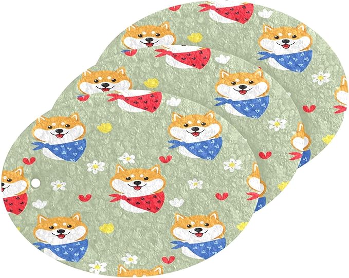 Cute Shiba Inu Dogs Kitchen Scrub Sponges, Pop-up Kitchen Cleaning Sponges Reusable Dish Washing Sponges for Bathroom Household Cleaning 3 Pack - Non Scratch Scrubber