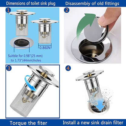 3 in 1 Sink Drain Strainer with Hair Catcher,2PCS Stainless Steel Popup Sink Stopper with Basket for US Bathroom Sink Stopper Replacement,Pop-up Bounce Core Floor Basin Drain Filter
