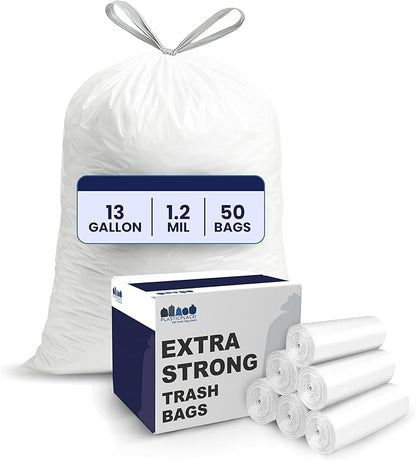 Plasticplace 13 Gallon Trash Bags │ 1.2 Mil │ White Extra-Large Drawstring Garbage Can Liners │ 24" x 31" (50 Case)