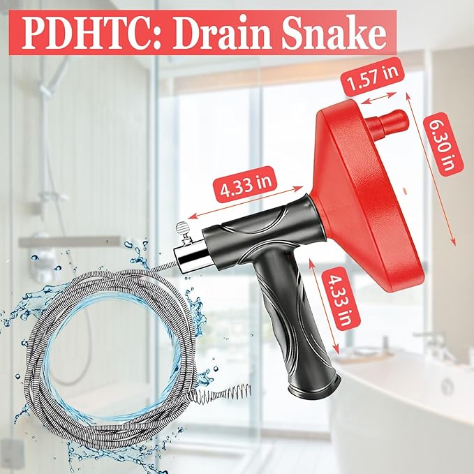 Drain Snake Auger 33 Ft, Plumbing Snake Drain Hair Clog Removal Tool, Heavy Duty Snake Auger, Sink Unclogger Drain Cleaner Tool for Bathroom Kitchen Tub Shower Drain Clog Remover with Gloves