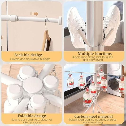 cjc Foldable Clothes Drying Rack, Space Saving Laundry Drying Rack,Collapsible Drying Rack Used for Indoor,Outdoor Camping, 4 Retractable Drying Rods + 4 Shoe Racks/White