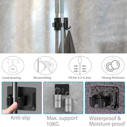 homeasy Mop Broom Holder No Drill, Mop Broom Organizer Wall Mounted Heavy Duty with Hooks Hanger, Self Adhesive Stainless Steel 6Pcs for Bathroom, Kitchen, Office (Black)