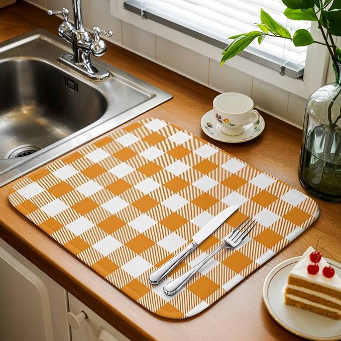 Dish Drying Mat Orange Buffalo Check Plaid Drying Mats for Kitchen Counter Farmhouse Style Absorbent Microfiber Dish Drainer Quick Drying Coffee Mat with Hanging Loop, 18 x24 inch
