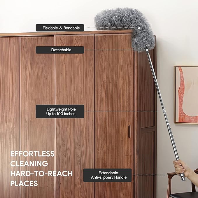 DELUX Microfiber Feather Duster,7 PCS Reusable Bendable Washable Cobweb Duster with 100 inches Extra Long Extension Pole for Cleaning Ceiling Fan, High Ceiling, Blinds, Furniture & Cars