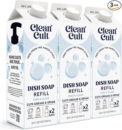 Cleancult Dish Soap Liquid Refills - Plant Based Cleaning Power - Cuts Grease & Grime - Free of Harsh Chemicals - Uses 90% Less Plastic - Free & Clear - 32 oz/3 Pack