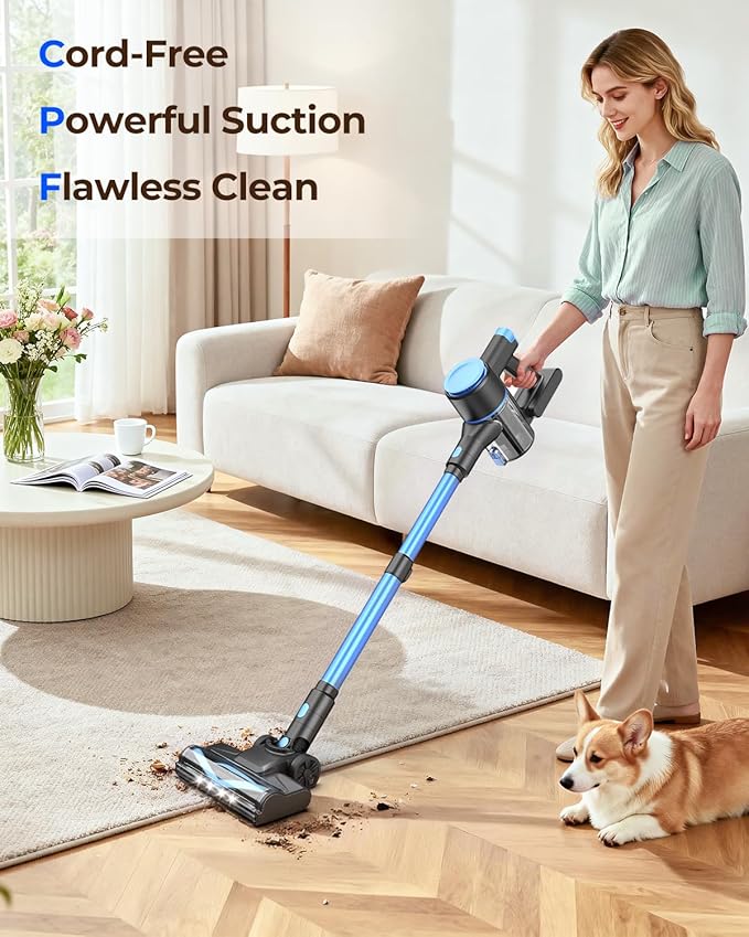 N8 Cordless Vacuum Cleaner,Lightweight Stick Vacuum with Powerful Suction,2200mAh Battery,40 Mins Runtime,Self-Standing,Rechargeable Vacuum Cleaners for Home Hardwood Floor Carpet Pet Hair (Ocean)