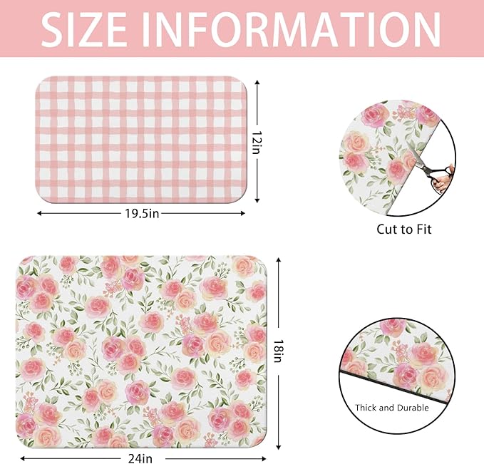 Dish Drying Mat for Kitchen Counter 2 Pack with Non-Slip Rubber Backing - Heat-Resistant Absorbent Coffee Bar Mat, Dish Rack Mat, Pink Flowers Dish Drying Mats 18x24+19.5x12 inch