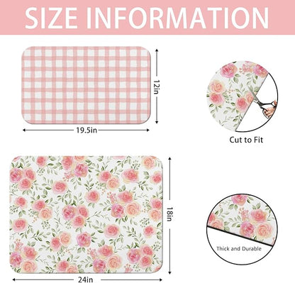 Dish Drying Mat for Kitchen Counter 2 Pack with Non-Slip Rubber Backing - Heat-Resistant Absorbent Coffee Bar Mat, Dish Rack Mat, Pink Flowers Dish Drying Mats 18x24+19.5x12 inch