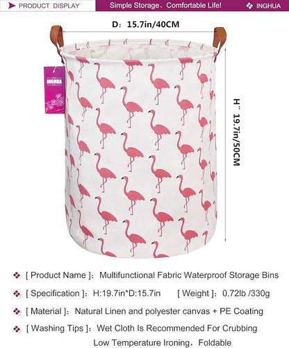 Laundry Hamper Large Canvas Fabric Lightweight Storage Basket/Toy Organizer/Dirty Clothes Collapsible Waterproof for College Dorms, Boys and Girls Bedroom,Bathroom(Flamingos)