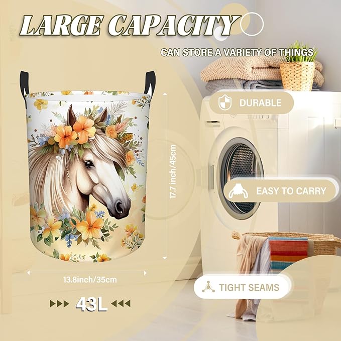 Horse Laundry Basket, 43L Round Oxford Cloth Laundry Hamper, Waterproof Collapsible Storage Organizer Bin with Handles for Toys, Nursery Home Storage, Gift for Chritsmas Thanksgiving 13.8x17.7in