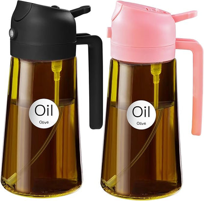 YARRAMATE 2Pcs 16oz/470ml Dark Brown Oil Sprayer for Cooking with Stickers, Food-grade Premium 2 in 1 Olive Oil Dispenser Bottle for Kitchen Gadgets, Air Fryer, Salad, Frying, BBQ (Pink&Black)