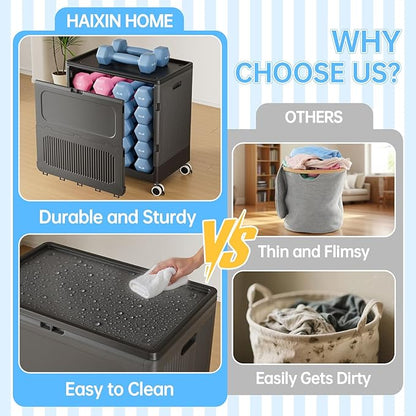 HAIXIN HOME 130L Rolling Laundry Hamper with Lid, Large Plastic Laundry Basket for College Dorm, Foldable Stackable Dirty Clothes Hamper Organizer for Industry, Bedroom, Living Room, Bathroom - Black