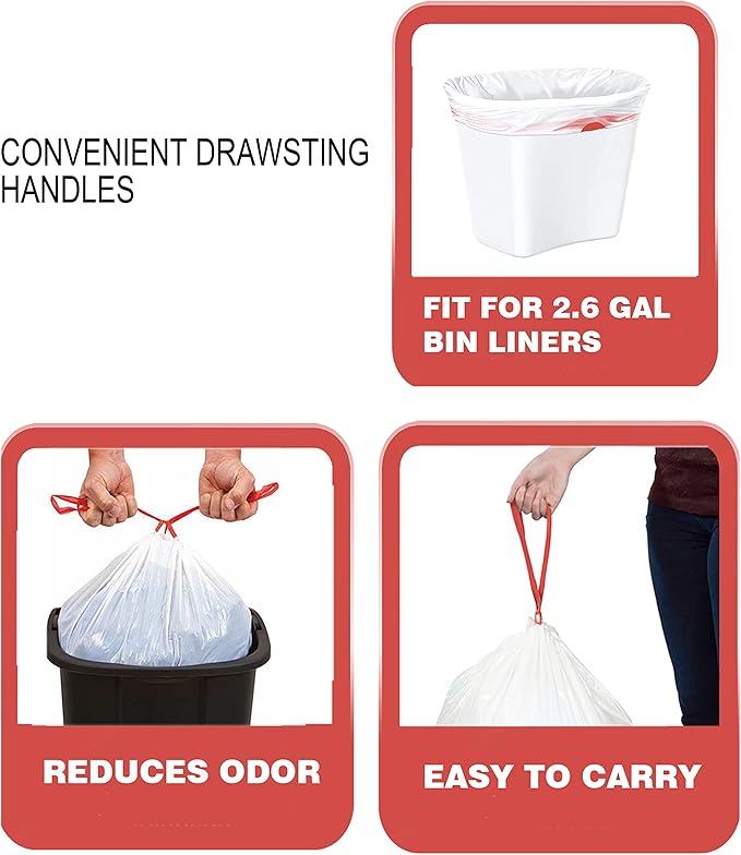 BEIDOU-PAC Trash Bags 2.6 Gallon Drawstring, 100 Count, Multifold Roll Garbage Bags, Small Kitchen Trash Bags, Odorless & Extra Thick White Plastic Food Scrap Bag for Home Office Bathroom Kitchen Bins