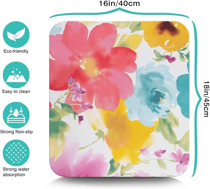 Dish Drying Mat, 16x18in, Watercolor Flower, Rubber Backed, Absorbent, Quick Dry, Fit Kitchen Counter, Bar, Under Sink, Dishes, Utensils, Dish Rack