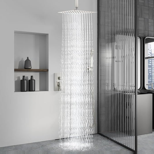 Aolemi Ceiling Mount Shower System Rain Shower Head with Handheld Spray High Pressure Shower Faucet Set Rough-in Valve Shower Trim Kit Included Bathroom Brushed Nickel 16 Inch Ceiling Shower Head