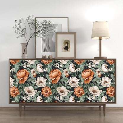 Floral Wallpaper Peel and Stick, Vintage Large Blooming Flowers Contact Paper 17.5" x 118", Retro Wall Paper Self Adhesive Removable Waterproof for Room Walls Shelves Cabinet Table (Orange, Green)