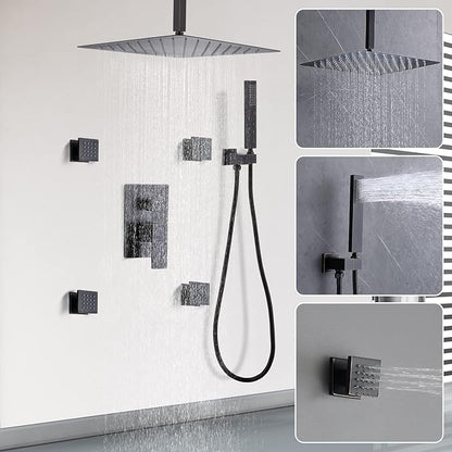 Enga Oil Rubbed Bronze Rain Shower System with Body Spray, 12inch Ceiling Rainfall Shower Faucet Complete Kit with 3-way Diverter Valve