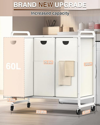 Laundry Sorter 3 Section,Laundry Basket with Wheels,3×15.8 Gal (60L) Laundry Hamper Organizer with Large Wooden Desktop Sorter,Pull-Out and Removable Laundry Bags (Creamy White, 3 Bags - 180L)