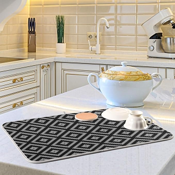 Super Absorbent Dish Drying Mat, Microfiber Fast-Drying Dish Mat, 24" x 18, Kitchen Dish Drying Pad, Black Moroccan Rhombus Plaid