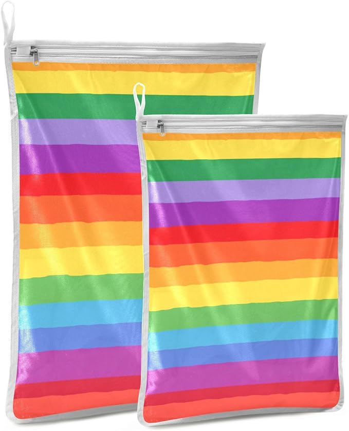Mesh Laundry Bags Lingerie Bags for Washing Delicates 2 PCS Durable Wash Bag with Zipper Small and Medium Washable Vibrant Colorful Stripes