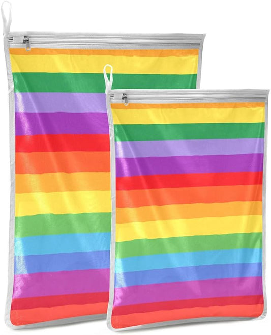 Mesh Laundry Bags Lingerie Bags for Washing Delicates 2 PCS Durable Wash Bag with Zipper Small and Medium Washable Vibrant Colorful Stripes