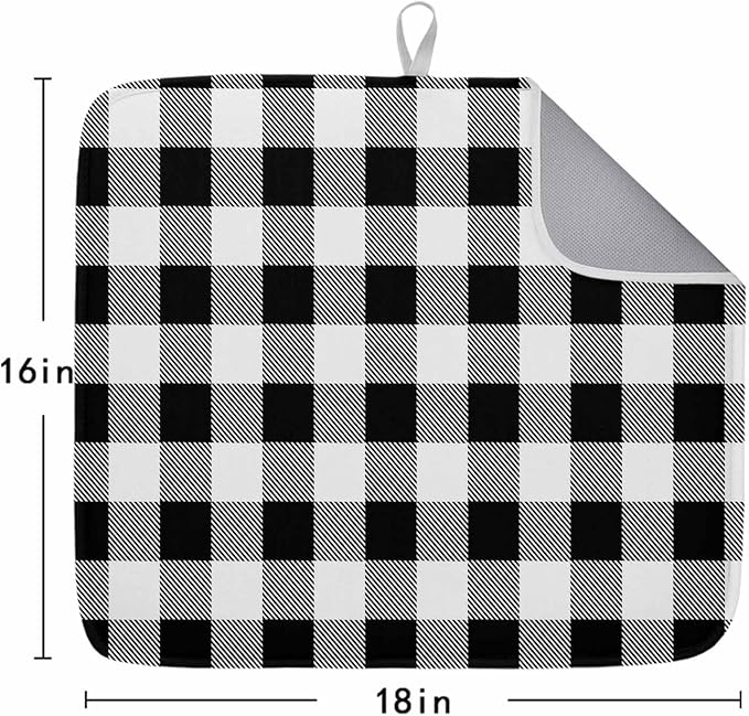 Dish Drying Mat Black Check Plaid Drying Matt for Kitchen Counter Farmhouse Style Absorbent Microfiber Quick Dry Mats Dishes Drainer Home Decorations 16x18 inch