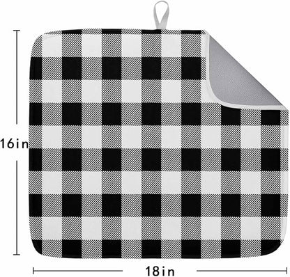 Dish Drying Mat Black Check Plaid Drying Matt for Kitchen Counter Farmhouse Style Absorbent Microfiber Quick Dry Mats Dishes Drainer Home Decorations 16x18 inch