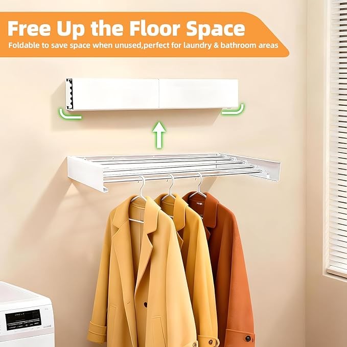 Wall Mounted Clothes Drying Rack 32", Collapsible Space Saving Laundry Drying Rack with 50 lb Capacity, Laundry Room Organization for Clothes, Foldable, 5 Rods, White