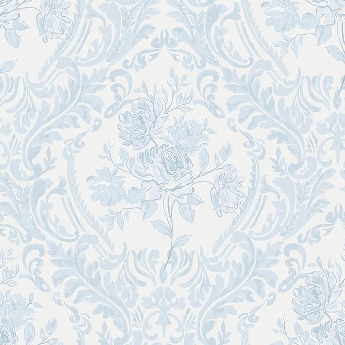 Ismoon Floral Peel and Stick Wallpaper Blue Contact Paper Boho Watercolor Damask Wallpaper Vintage Textured Removable Self Adhesive Vinyl Wall Paper Renter Friendly, 17.3 in X 32.7 ft